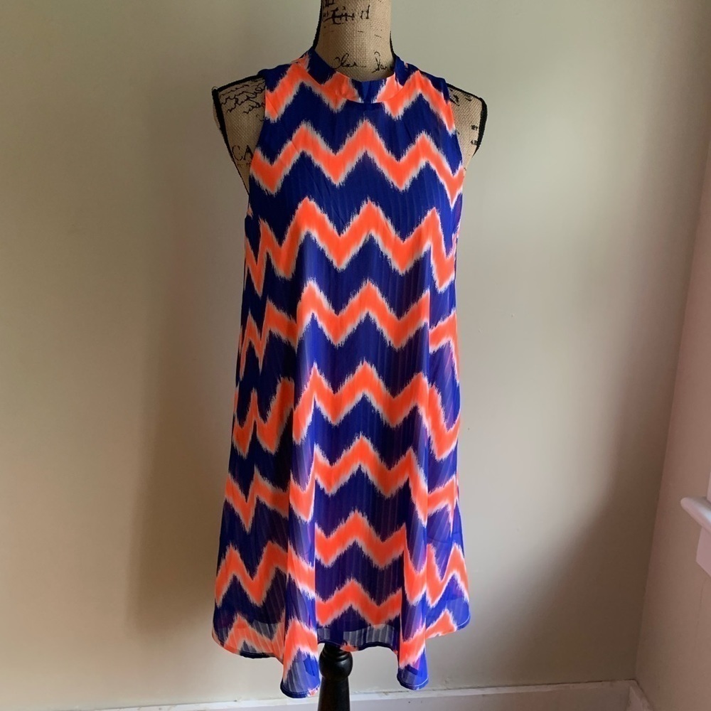 Pink Owl blue/orange chevron shift dress size S